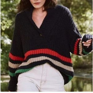 The Great. Striped Henley Pullover Sweater, Size 0